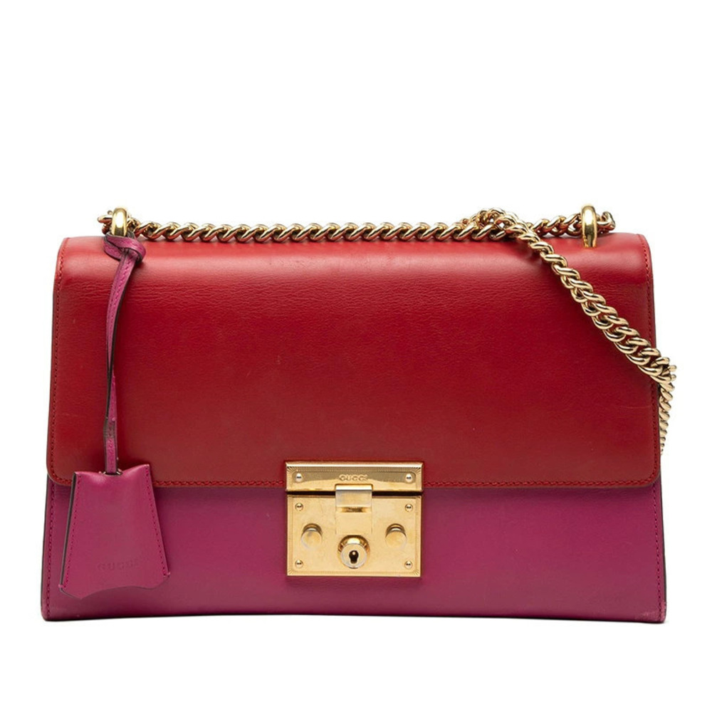 Gucci Padlock Chain Shoulder Bag Red Pink Leather